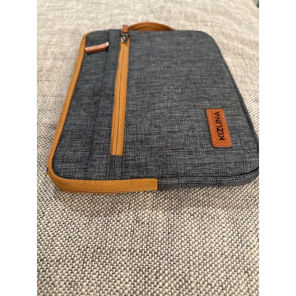 Kizuna Tablet Sleeve Case Pouch Bag Charcoal Gray Brown Trim Zipper Pockets